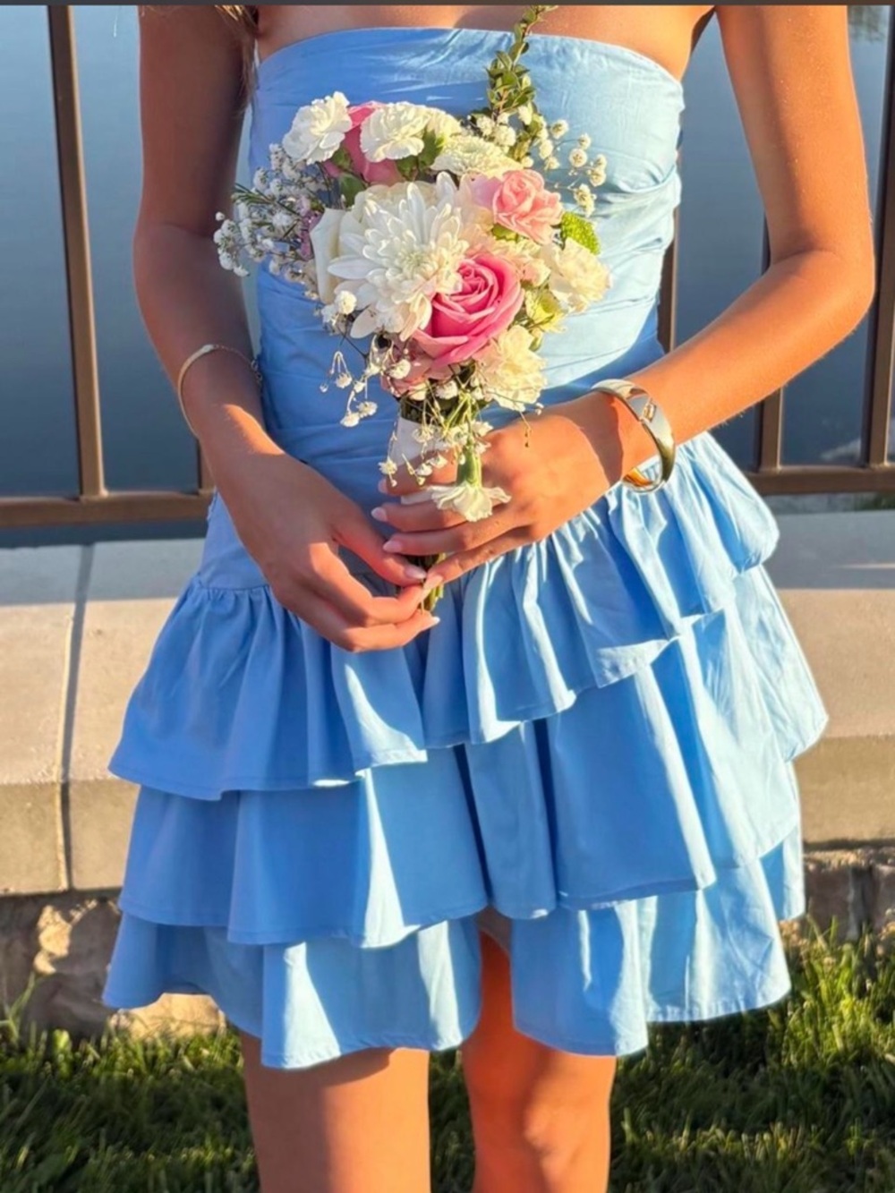 Hello Molly Light Blue Strapless Tiered Ruffle Dress
